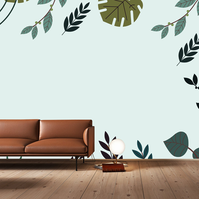 Leaf Plant Illustration Mural Wallpaper Stain-Resistant Wall Covering for Reading Room