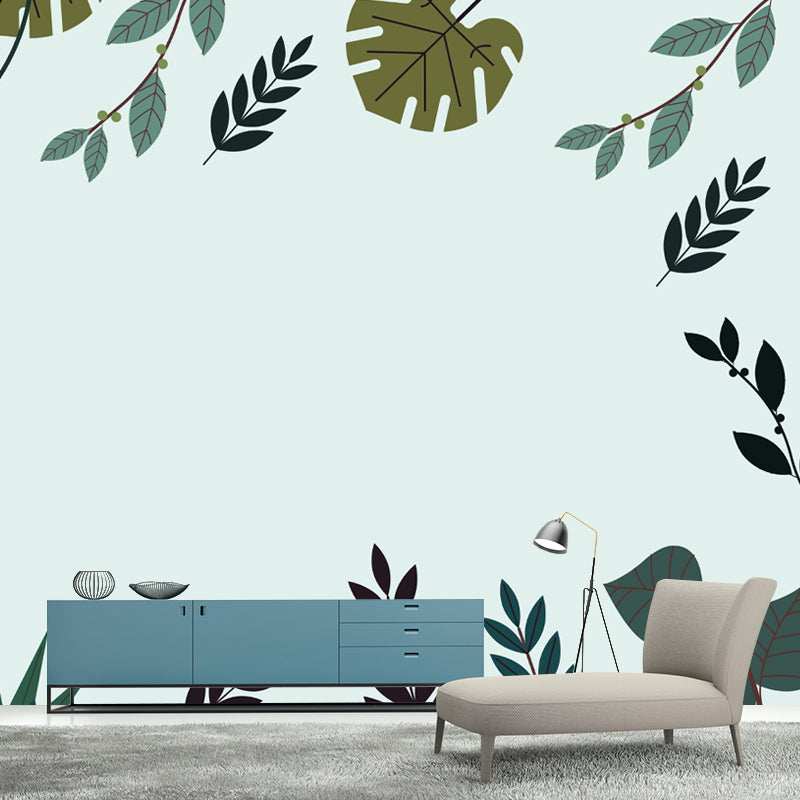 Leaf Plant Illustration Mural Wallpaper Stain-Resistant Wall Covering for Reading Room
