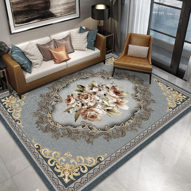 Black Oriental Area Carpet Flower Print Polyester Area Rug Stain Resistant Rug for Home Decor