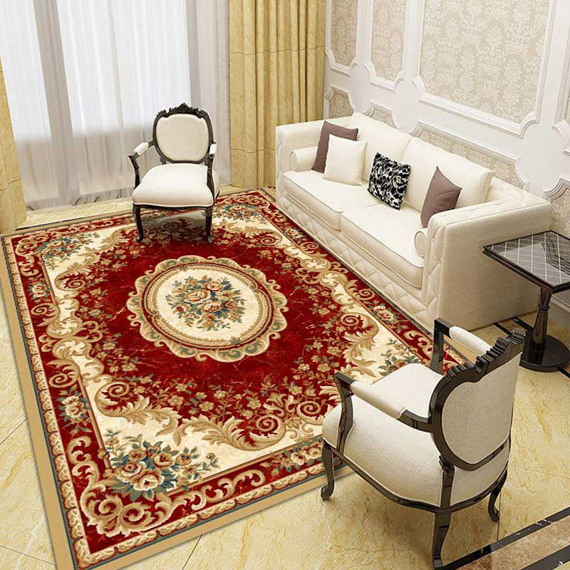 Roter Wohnzimmer-Teppichpolyester Europäischer Area Teppich Anti-Schlupf-Waschmaschine Teppich