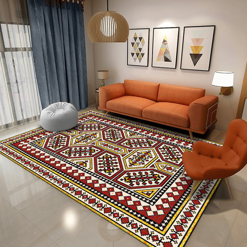 Moroccan Tribal Print Rug Nostalgia Polyester Indoor Rug Stain Resistant Carpet for Home Decor