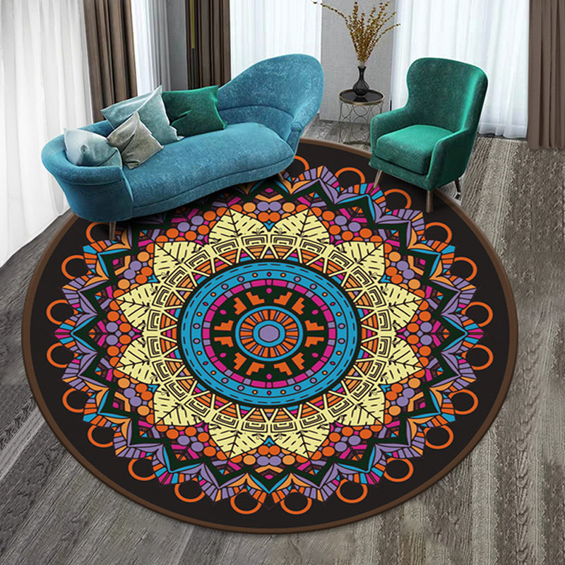 Moroccan Round Rug Multicolor Tribal Print Polyester Carpet Stain Resistant Area Rug for Living Room