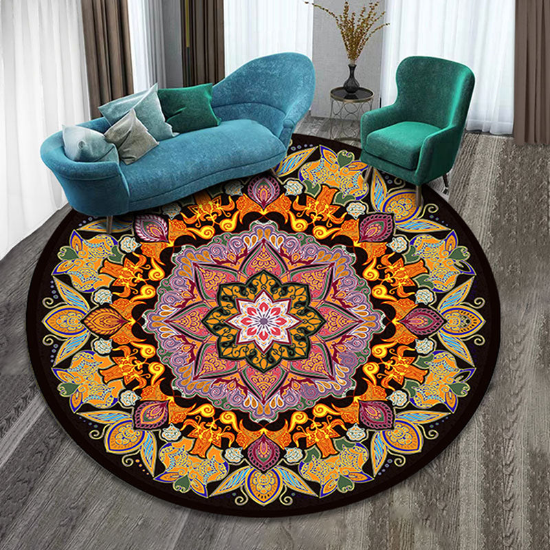 Moroccan Round Rug Multicolor Tribal Print Polyester Carpet Stain Resistant Area Rug for Living Room