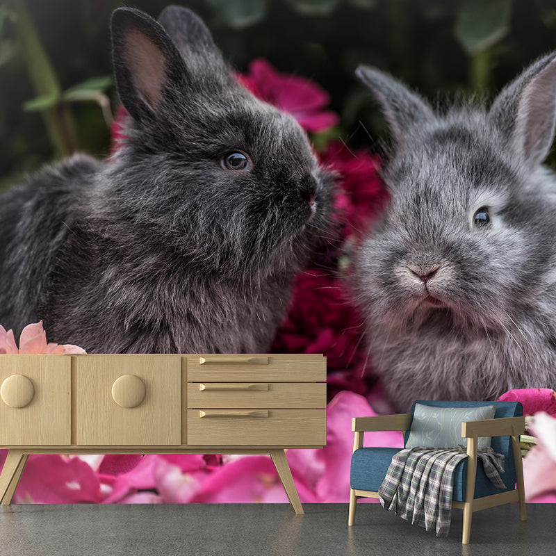 Beautiful Rabbit Mural Wallpaper Stain Resistant Wall Covering for Living Room
