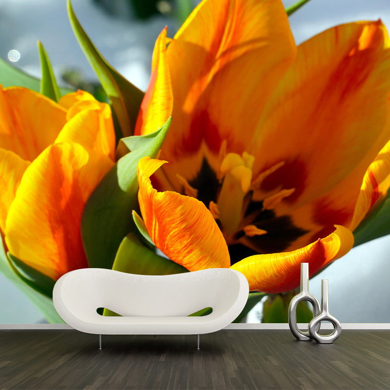 Tulip Blooming Mural Wallpaper Stain Resistant Wall Covering for Sitting Room