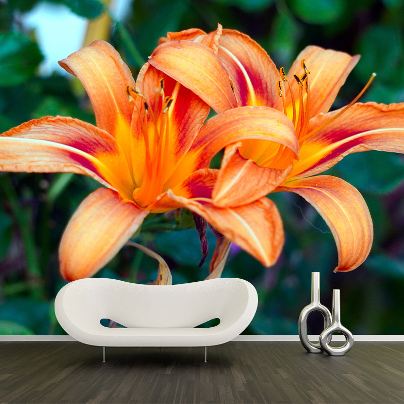 Lily Blooming Mural Wallpaper Stain Resistant Wall Covering for Sitting Room