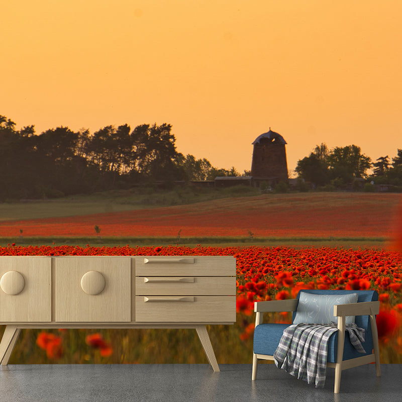 Customized Poppy Field Mural Wall Covering Decorative Mildew Resistant for Living Room