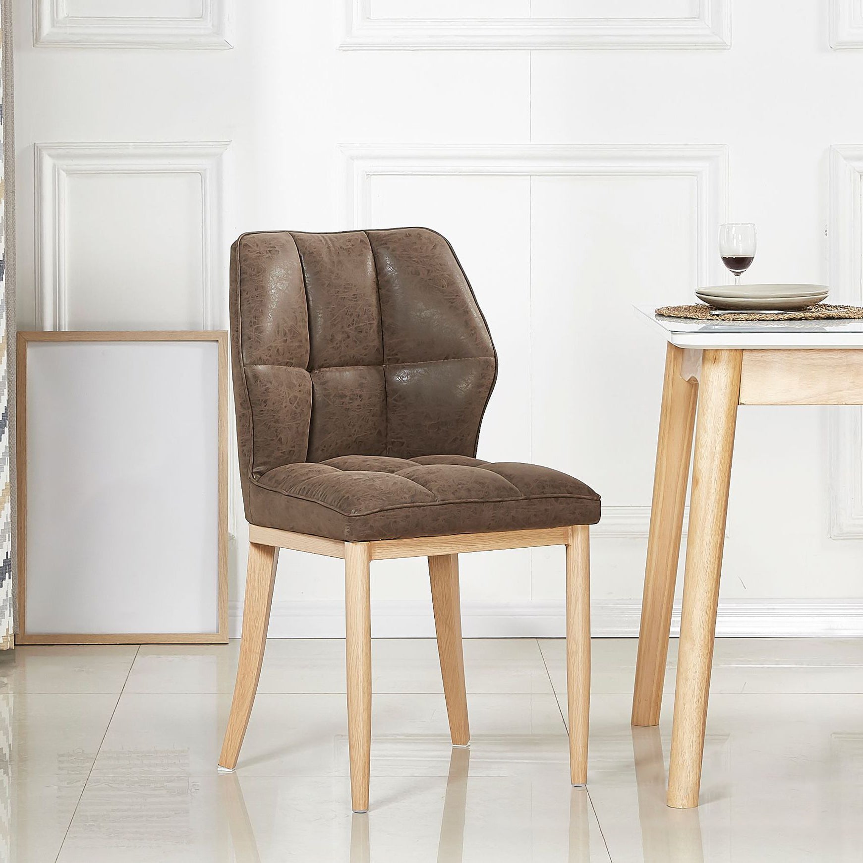 Chaises de salle à manger sans accoudoirs en cuir, chaises latérales rembourrées modernes avec pieds en métal