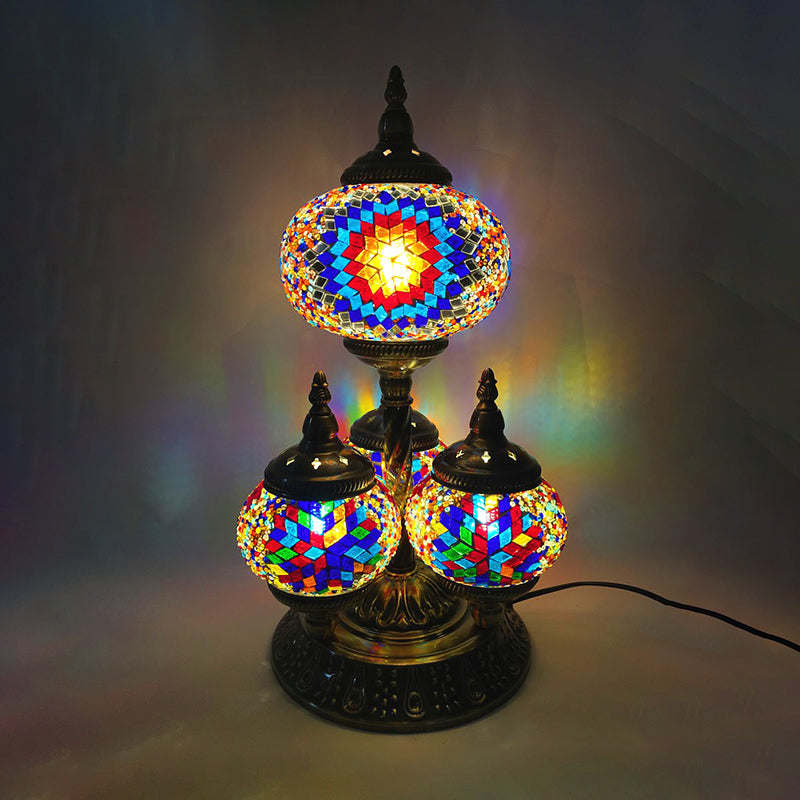 Elliptische studeerkamer leeslamp Vintage glas-in-lood 4-kops geel/blauw/groene nachttafellamp