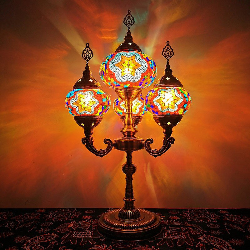 Stained Glass Candelabra Task Lamp Traditional 4 Lights Bedside Nightstand Lamp in Yellow/Orange/Blue