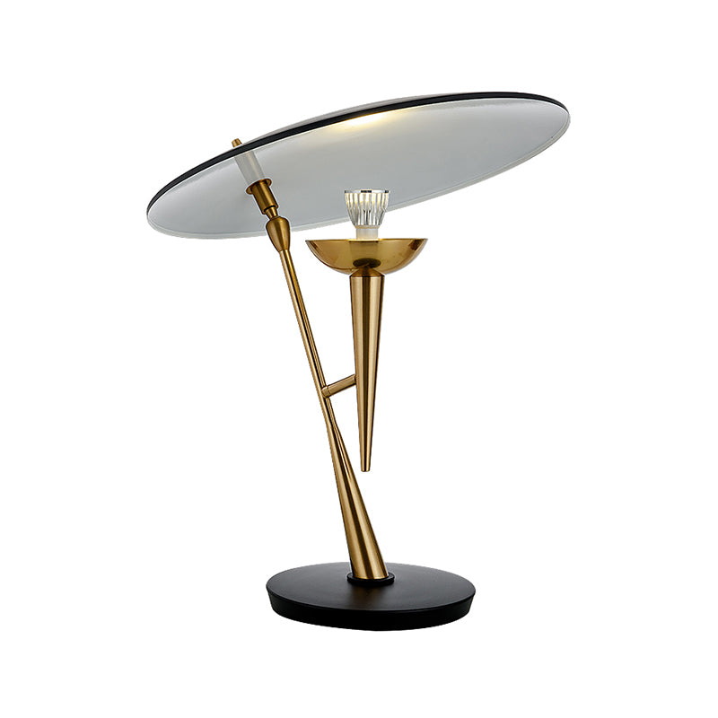 Lámpara de mesa de noche contemporánea de 1 bombilla con iluminación para tareas con platillo de metal en negro y dorado