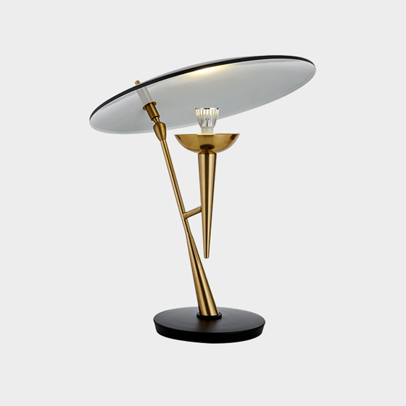 Lámpara de mesa de noche contemporánea de 1 bombilla con iluminación para tareas con platillo de metal en negro y dorado