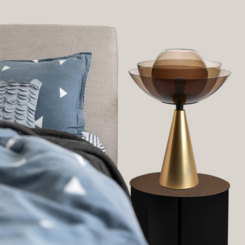 Tan Glass Dome Table Light Modern 1 Bulb Nightstand Lamp with Conical Gold Metal Base