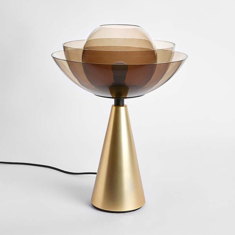 Tan Glass Dome Table Light Modern 1 Bulb Nightstand Lamp with Conical Gold Metal Base
