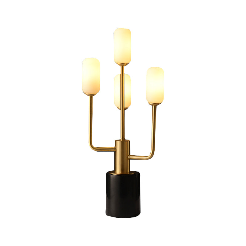 Lampada da tavolo a cilindro in vetro bianco Lampada da lavoro modernista in ottone a 4 teste con base in marmo