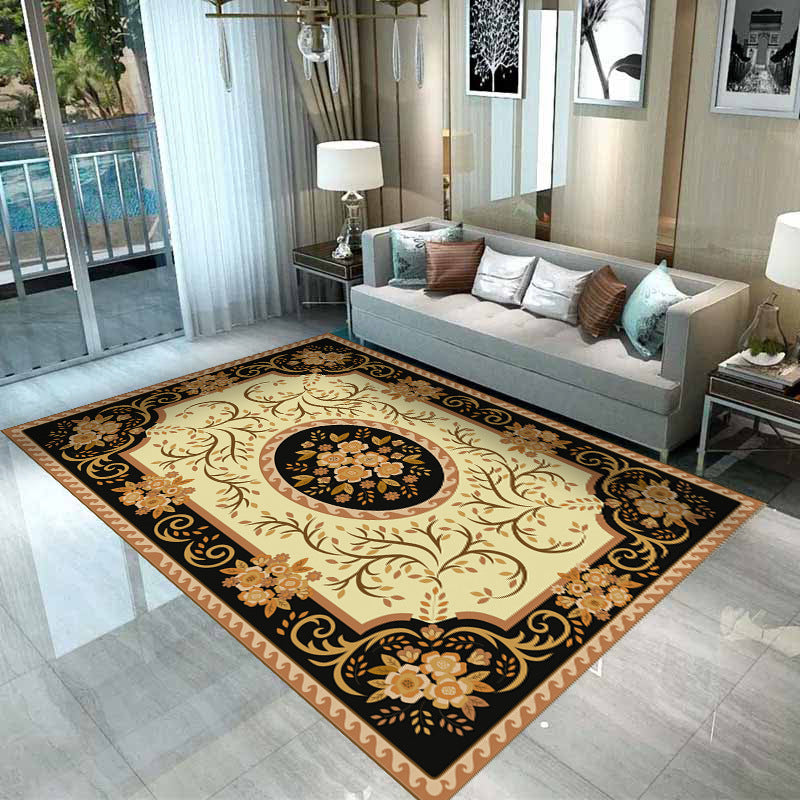 Brown Living Room Area Carpet Traditonal Pattern Polyester Area Rug Non-Slip Backing Rug