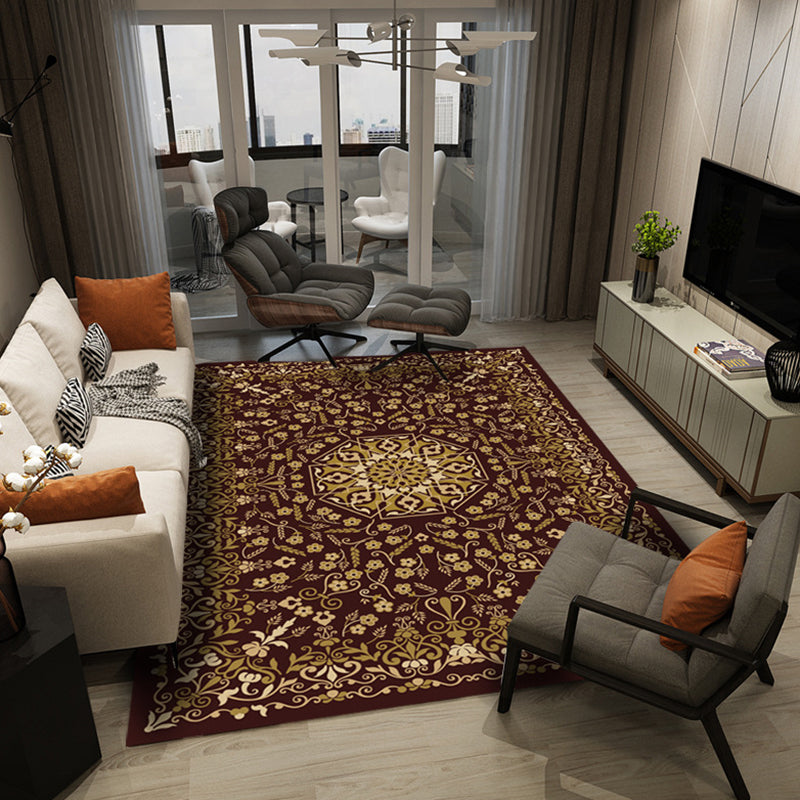 Brown Living Room Area Carpet Traditonal Pattern Polyester Area Rug Non-Slip Backing Rug