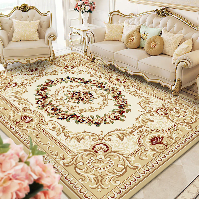 Beige Modern Area Rug European Style Pattern Carpet Polyester Anti-Slip Backing Rug for Home Decor