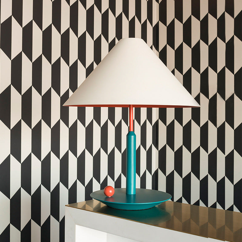 Lampe de travail conique moderne en tissu à 1 tête, lampe de bureau blanche avec base ronde en métal vert