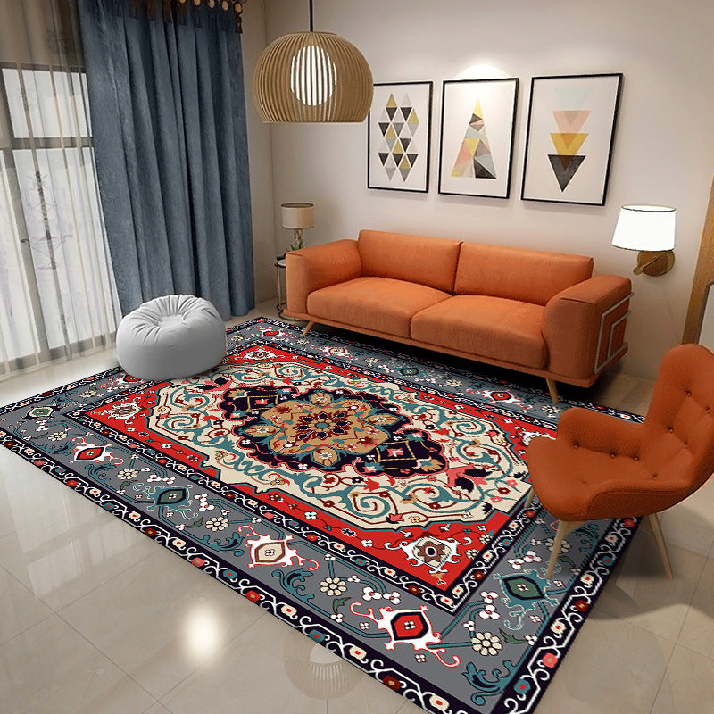 Moroccan Red Tone Carpet Medallion Print Area Rug Polyester Anti-Slip Backing Carpet for Home Decor