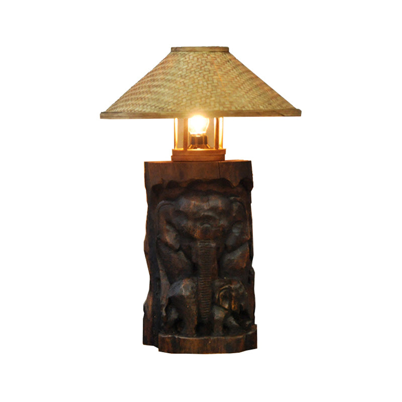 Bamboo Wide Flare Task Light Asia 1 Head Beige Small de bureau lampe avec éléphant en bois