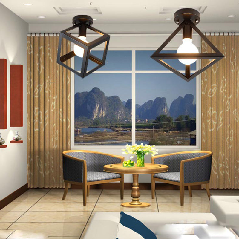 Black Geometric Flush Mount in Industrial Retro Style Wrought Iron Ceiling Light for Corridor