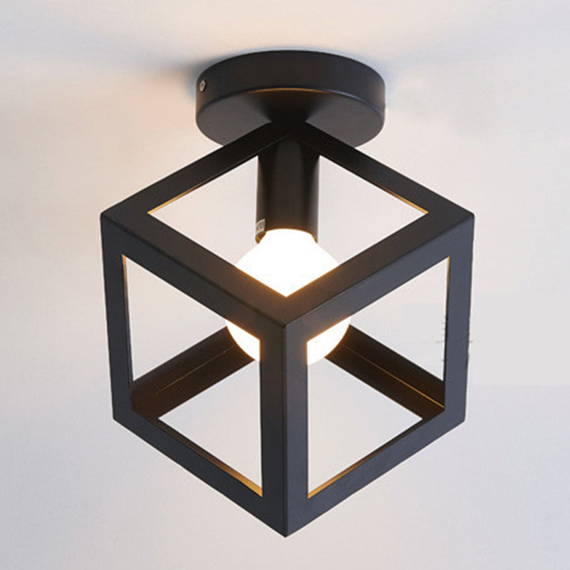 Black Geometric Flush Mount in Industrial Retro Style Wrought Iron Ceiling Light for Corridor