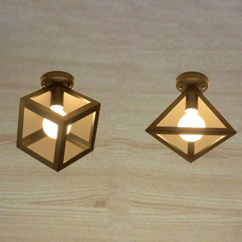 Black Geometric Flush Mount in Industrial Retro Style Wrought Iron Ceiling Light for Corridor