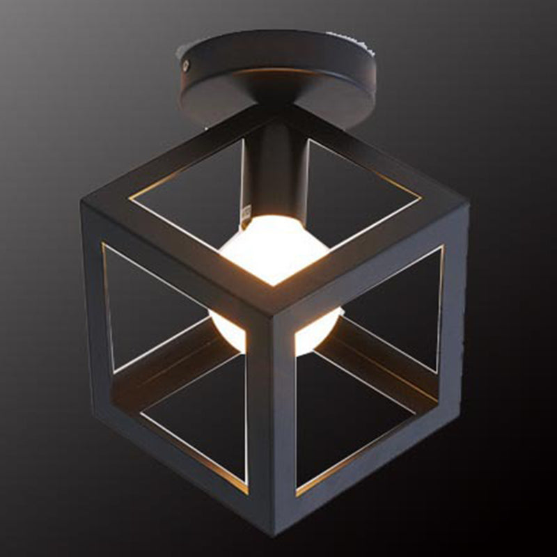 Black Geometric Flush Mount in Industrial Retro Style Wrought Iron Ceiling Light for Corridor