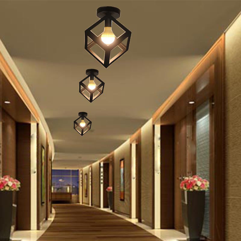 Black Geometric Flush Mount in Industrial Retro Style Wrought Iron Ceiling Light for Corridor