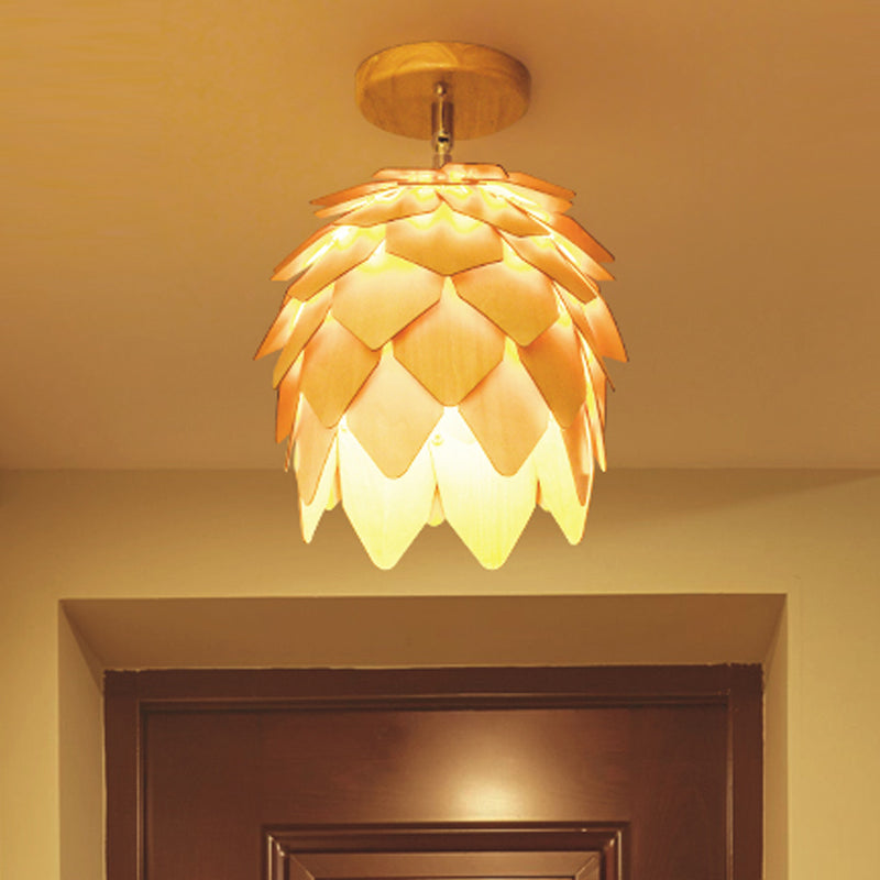 1 Bulb Bedroom Semi Flush Light Asia Beige Ceiling Mounted Fixture with Dome Wood Shade