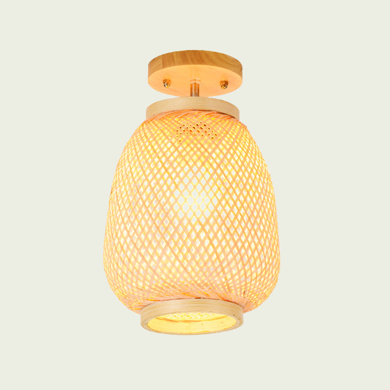 Lantern Bambú Semi-Flush Mount Asian 1 Head Beige Techo Montado para restaurante para restaurante