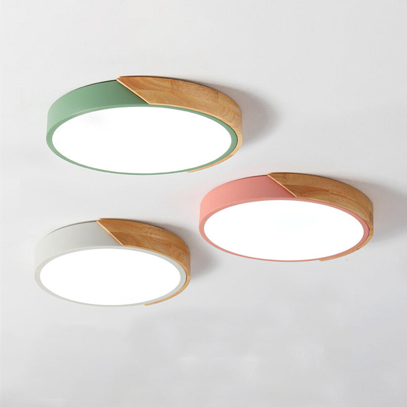 Minimalist Indoor Ceiling Light Fixture, Macaroon Flat Metal and Wood Ceiling Flush Mount Lights