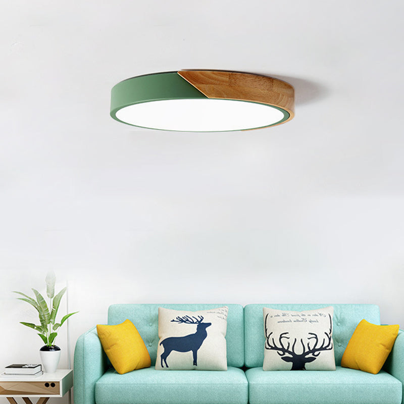Minimalist Indoor Ceiling Light Fixture, Macaroon Flat Metal and Wood Ceiling Flush Mount Lights