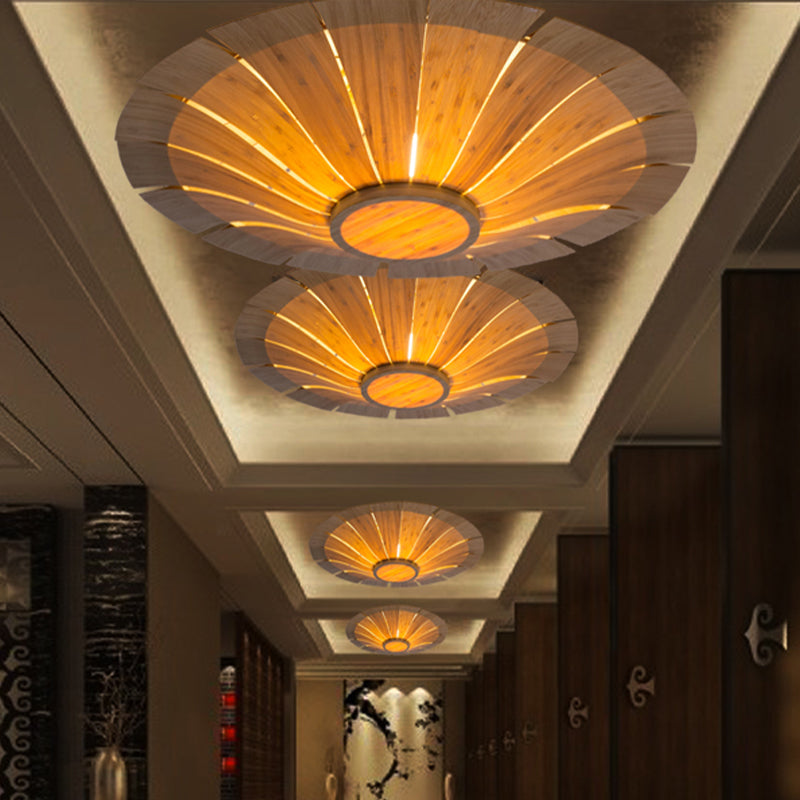Japanese Flying Saucer Semi Flush Mount Wood 1 Bulb Close to Ceiling Lighting in Beige