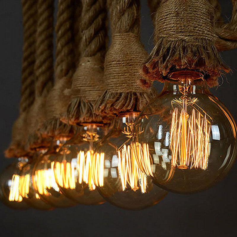 Vintage Multi Lights Island Lighting Fixtures Linear Rope Hanging Ceiling Light in Brown