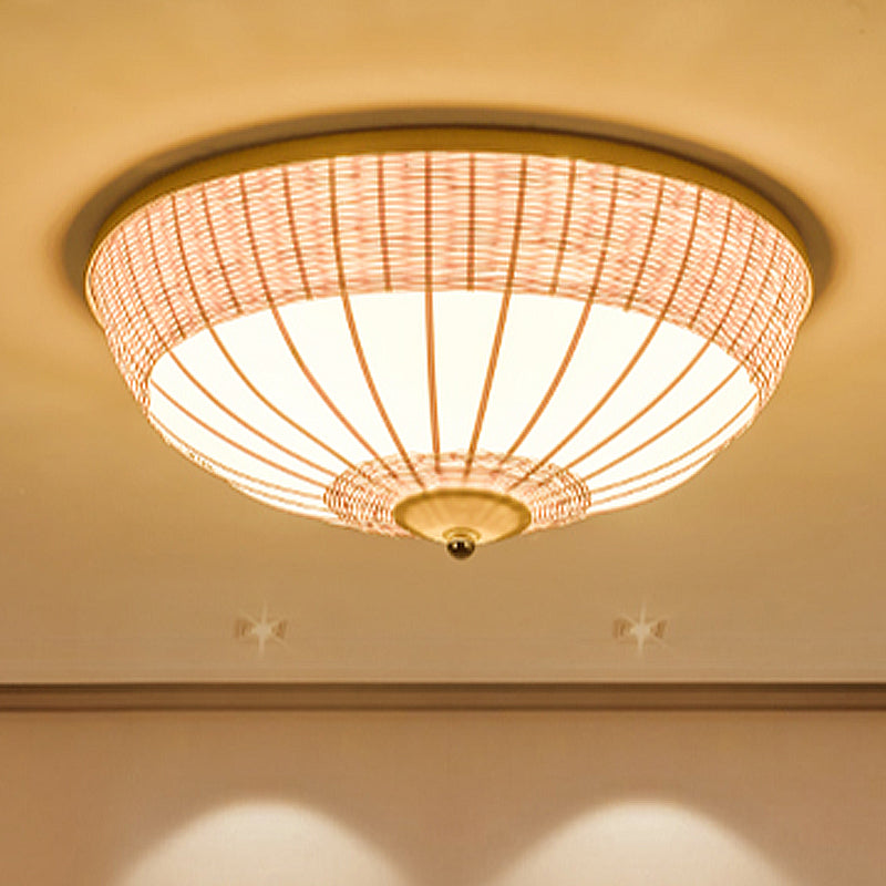 Asian 3 Heads Flush Mount Beige Hemisphere Close to Ceiling Lamp with Bamboo Shade