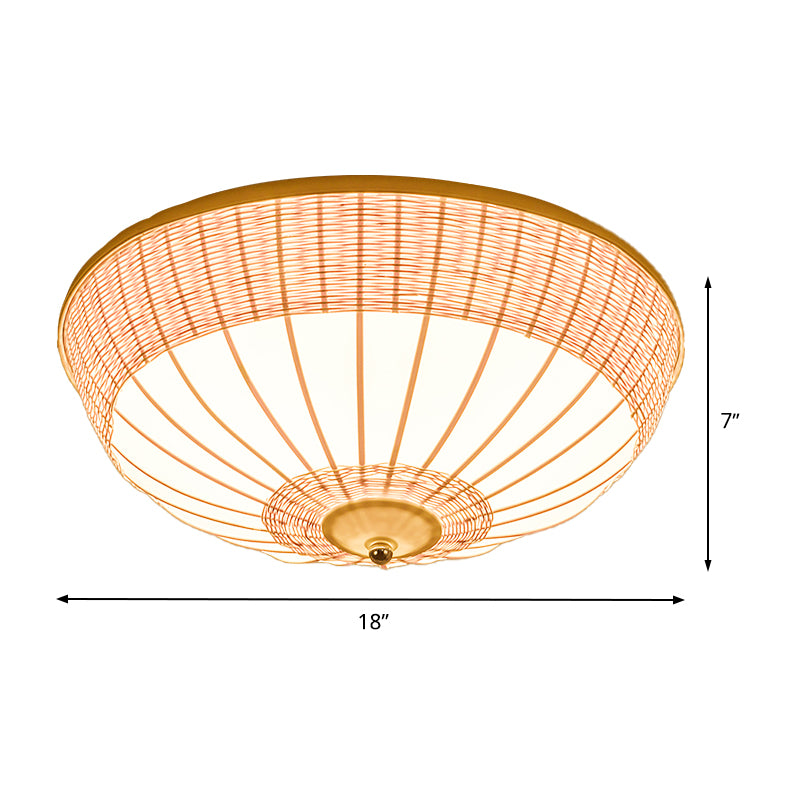 Asian 3 Heads Flush Mount Beige Hemisphere Close to Ceiling Lamp with Bamboo Shade