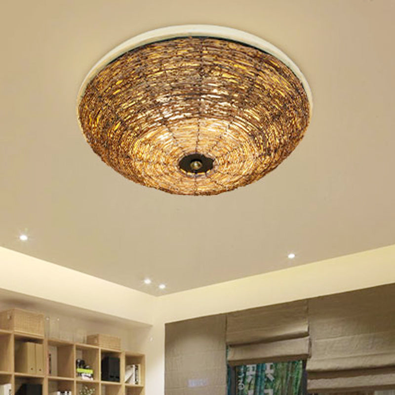 3 Bulbs Dining Room Flush Mount Asian Brown Ceiling Mounted Light with Bowl Rattan Shade