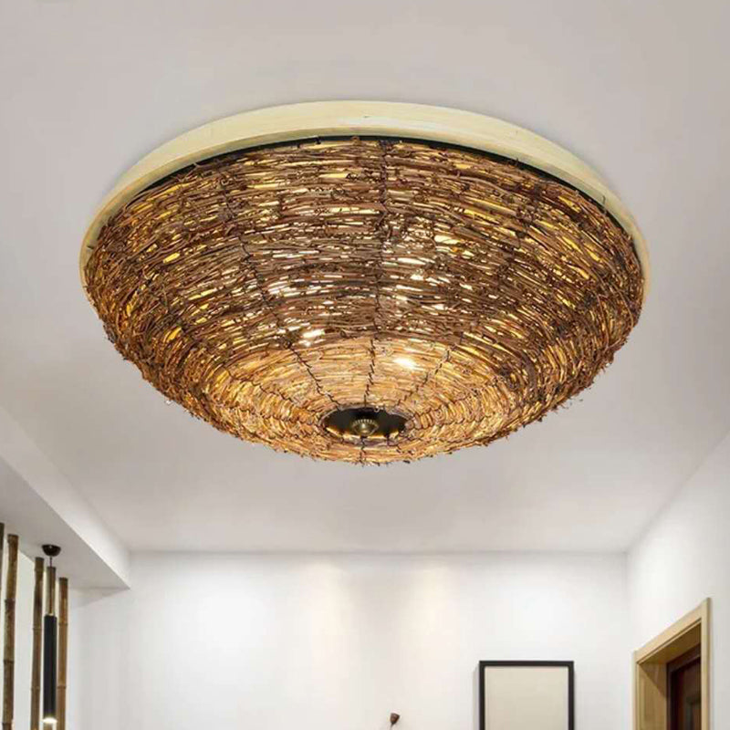 3 Bulbs Dining Room Flush Mount Asian Brown Ceiling Mounted Light with Bowl Rattan Shade