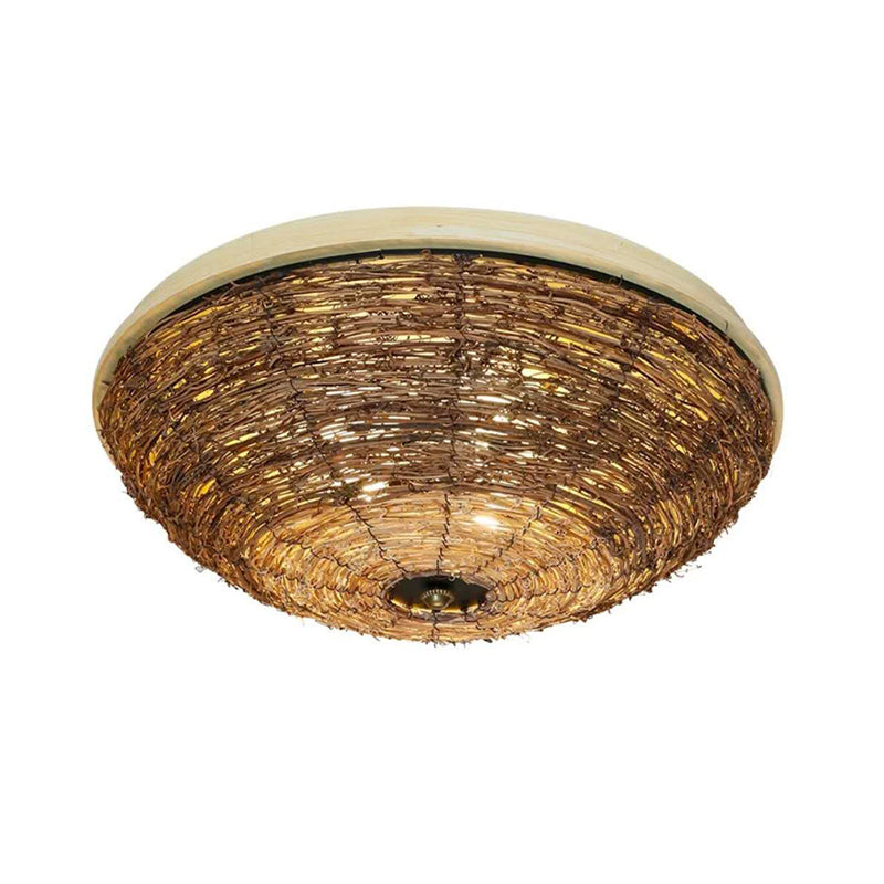 3 Bulbs Dining Room Flush Mount Asian Brown Ceiling Mounted Light with Bowl Rattan Shade