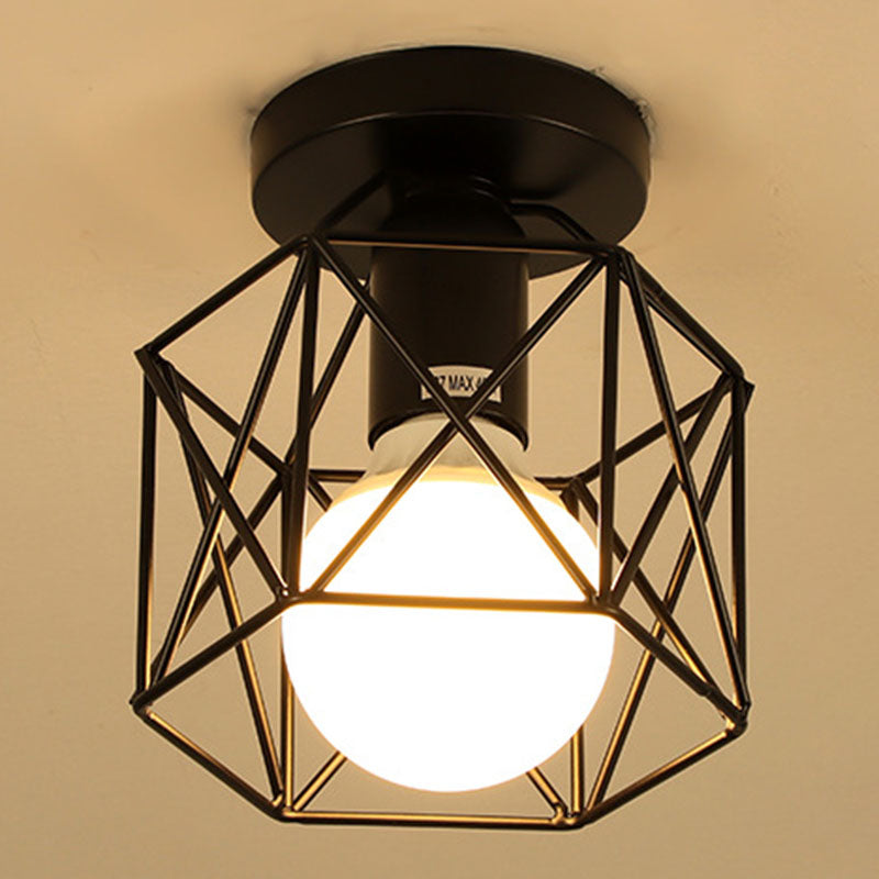Geometric Light Industrial 1 Light Metal Flush Mount Light Fixture in Black