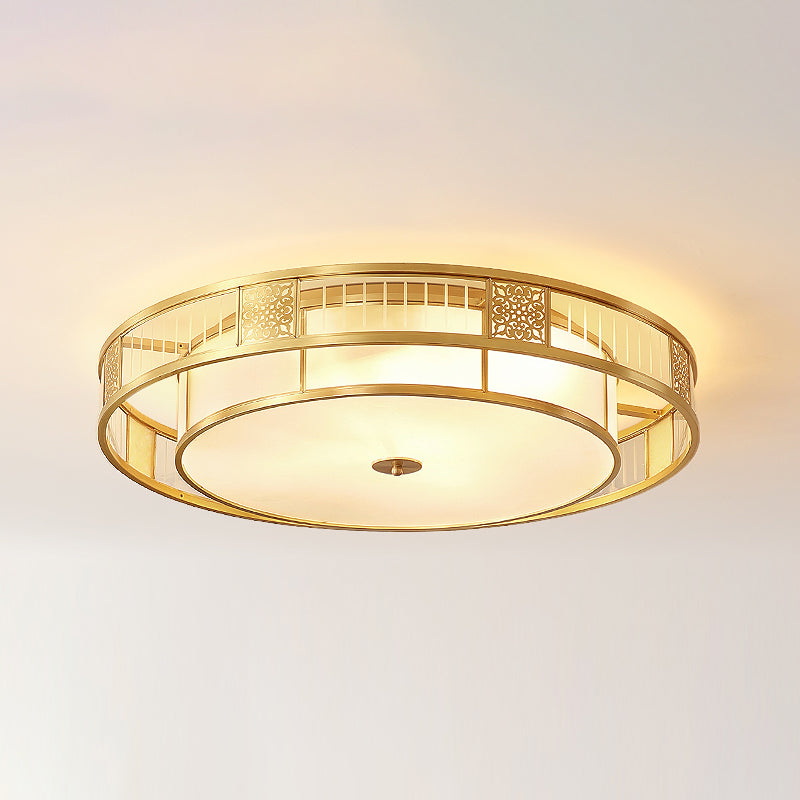 Fabric Shade Ceiling Light Asian Style Multi-bulbs Flush Mount Lamp for Living Room