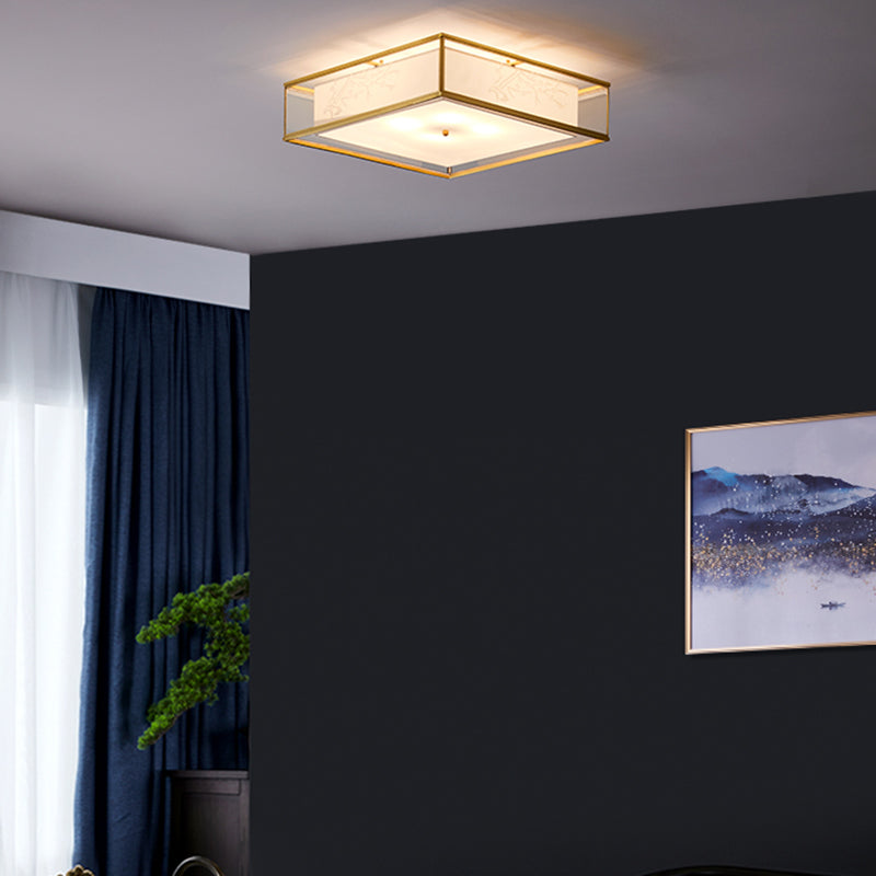 Fabric Shade Ceiling Light Asian Style Multi-bulbs Flush Mount Lamp for Living Room