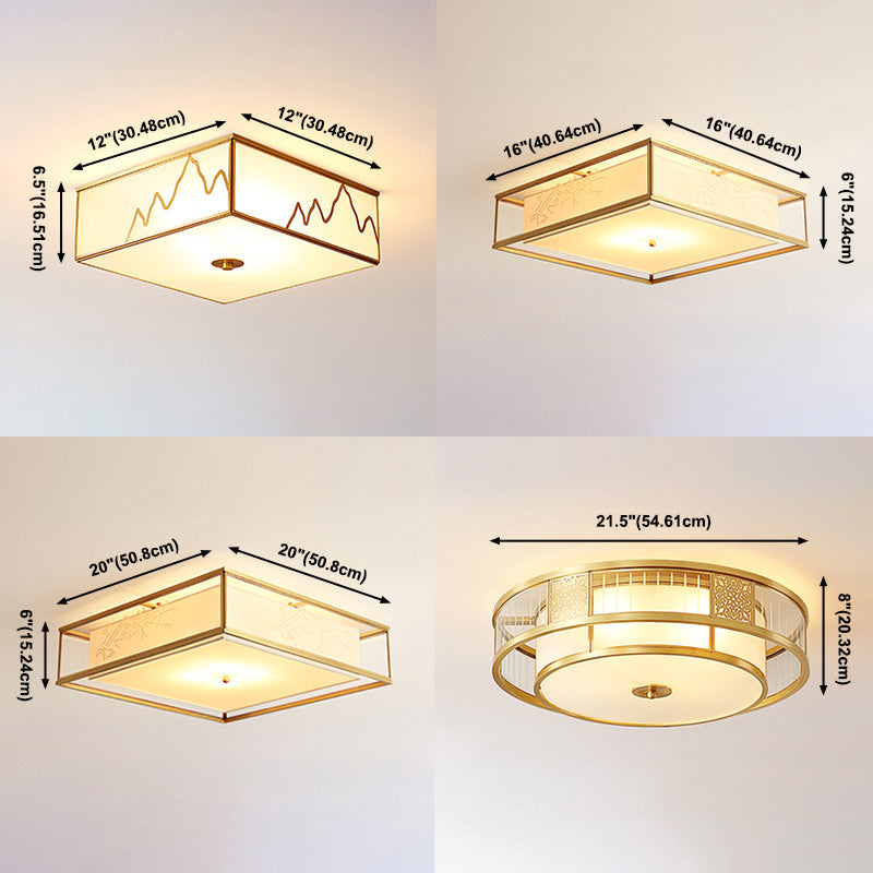 Fabric Shade Ceiling Light Asian Style Multi-bulbs Flush Mount Lamp for Living Room