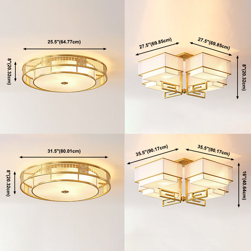 Fabric Shade Ceiling Light Asian Style Multi-bulbs Flush Mount Lamp for Living Room