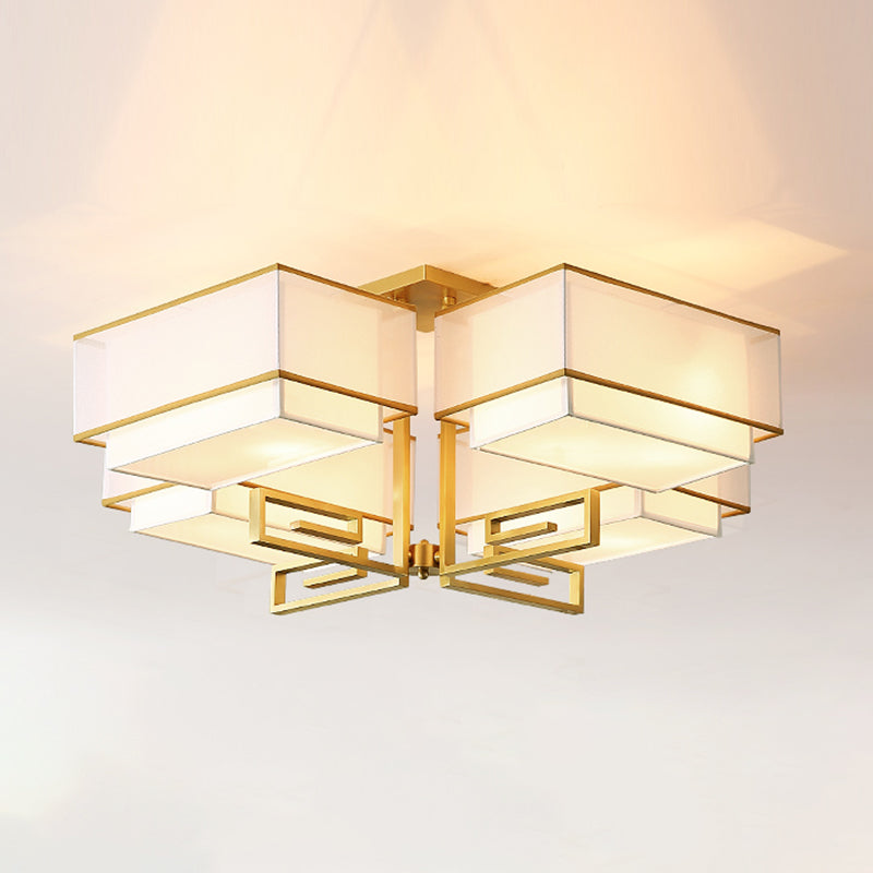 Fabric Shade Ceiling Light Asian Style Multi-bulbs Flush Mount Lamp for Living Room