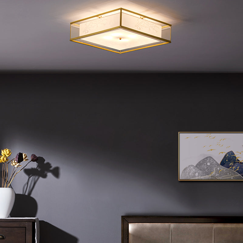 Fabric Shade Ceiling Light Asian Style Multi-bulbs Flush Mount Lamp for Living Room