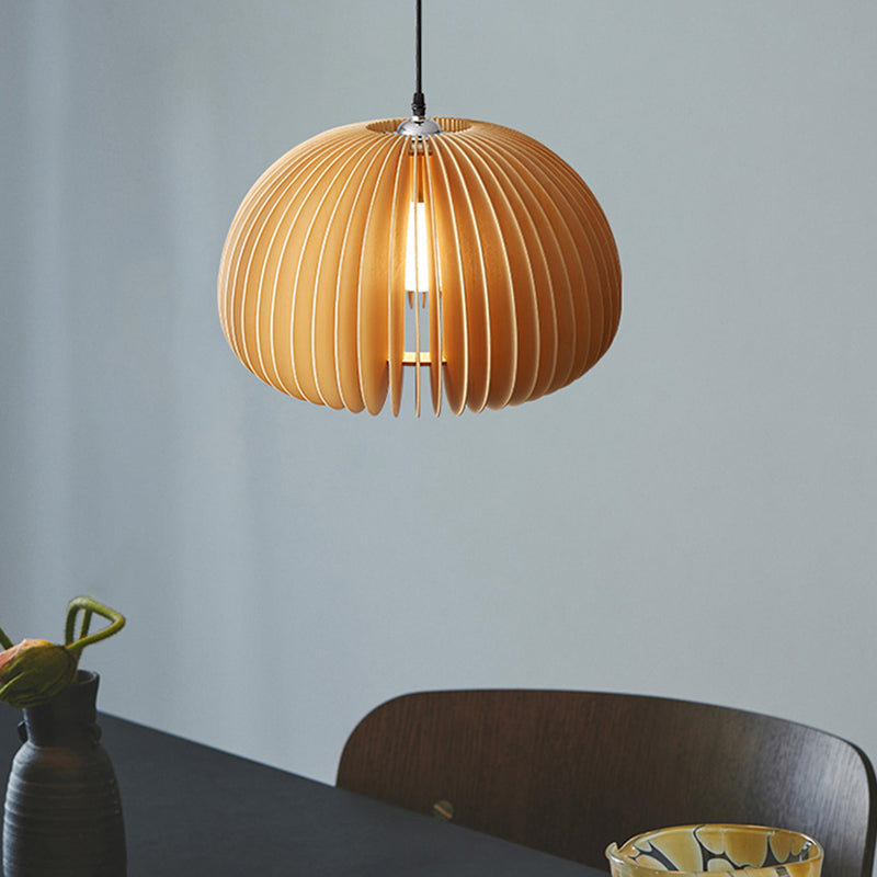 Japanese Style Pumpkin Hanging Light Wood Single-bulb Pendant for Dinning Room