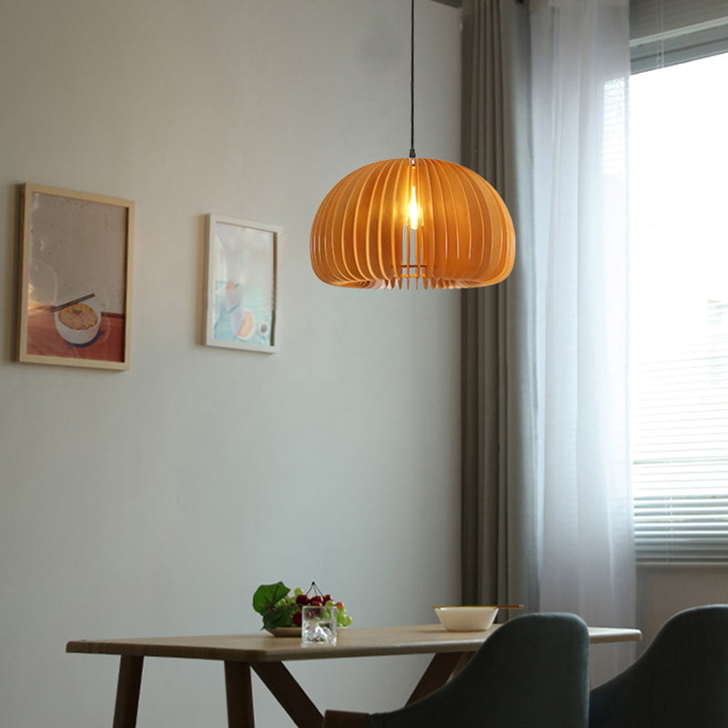 Japanese Style Pumpkin Hanging Light Wood Single-bulb Pendant for Dinning Room